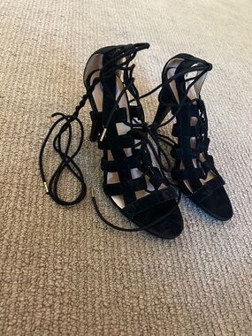 Qupid Black Suede Lace-Up Cage Heels